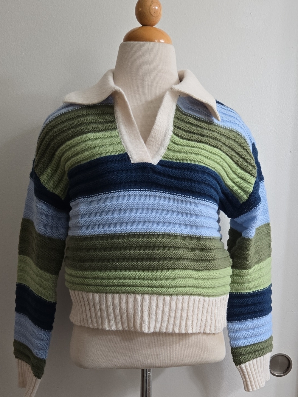English Factory Striped V-Neck Sweater in Blue, Green & Cream - Picture 3 of 6